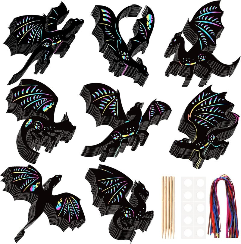 LUUFILx 80 Pcs Dragon Scratch Cards Colorful Rainbow Dragon Scratch Paper Art with Wooden Stylus for Birthday Party Classroom DIY Activities - Image 1